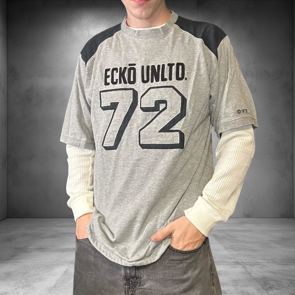 Vintage Ecko Unltd 72 Jersey T-Shirt Grey Black Y2K Skater Streetwear Boxy Fit